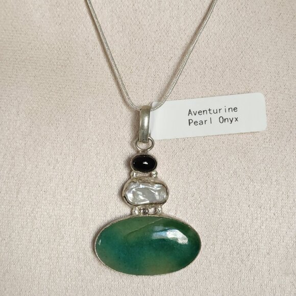 Aventurine Onyx Keshi Pearl All Natural NEW Artisan Crafted Pendant Silver Chain - Picture 2 of 8